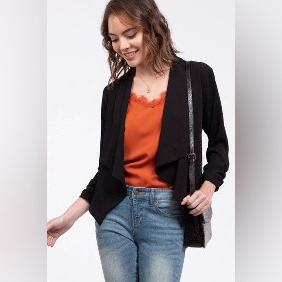 NWT Mine Lapel Collar Blazer Jacket Top With 3/4 Sleeves, Black - Picture 4 of 6